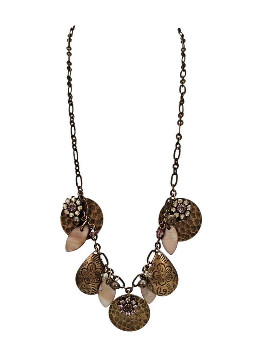 Liz Palacios Hammered Disc Copper Pearls, Pink Crystal, Rhinestone Necklace L470